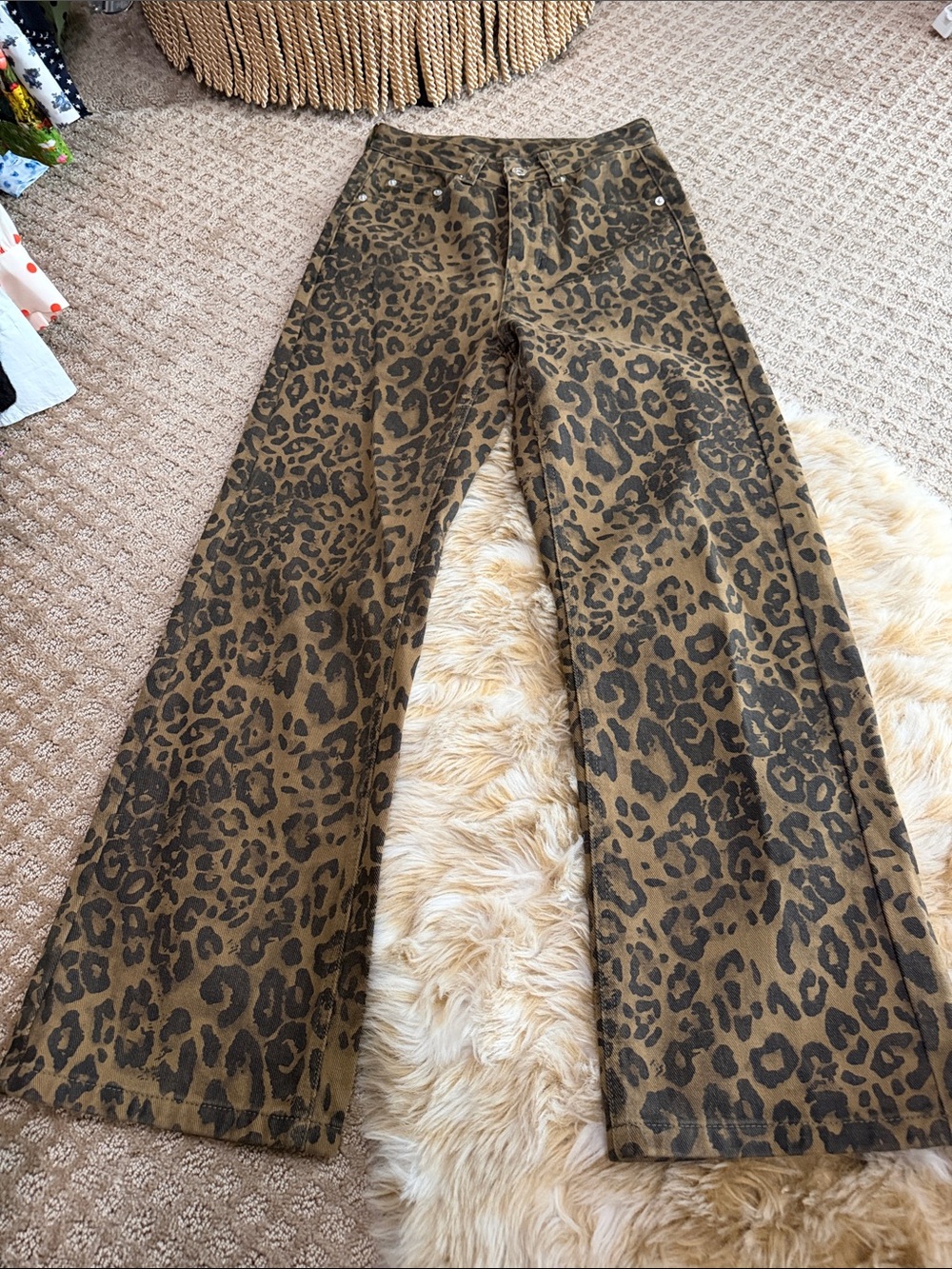 Leopard Print Wide-Leg Pants - Olive/Brown